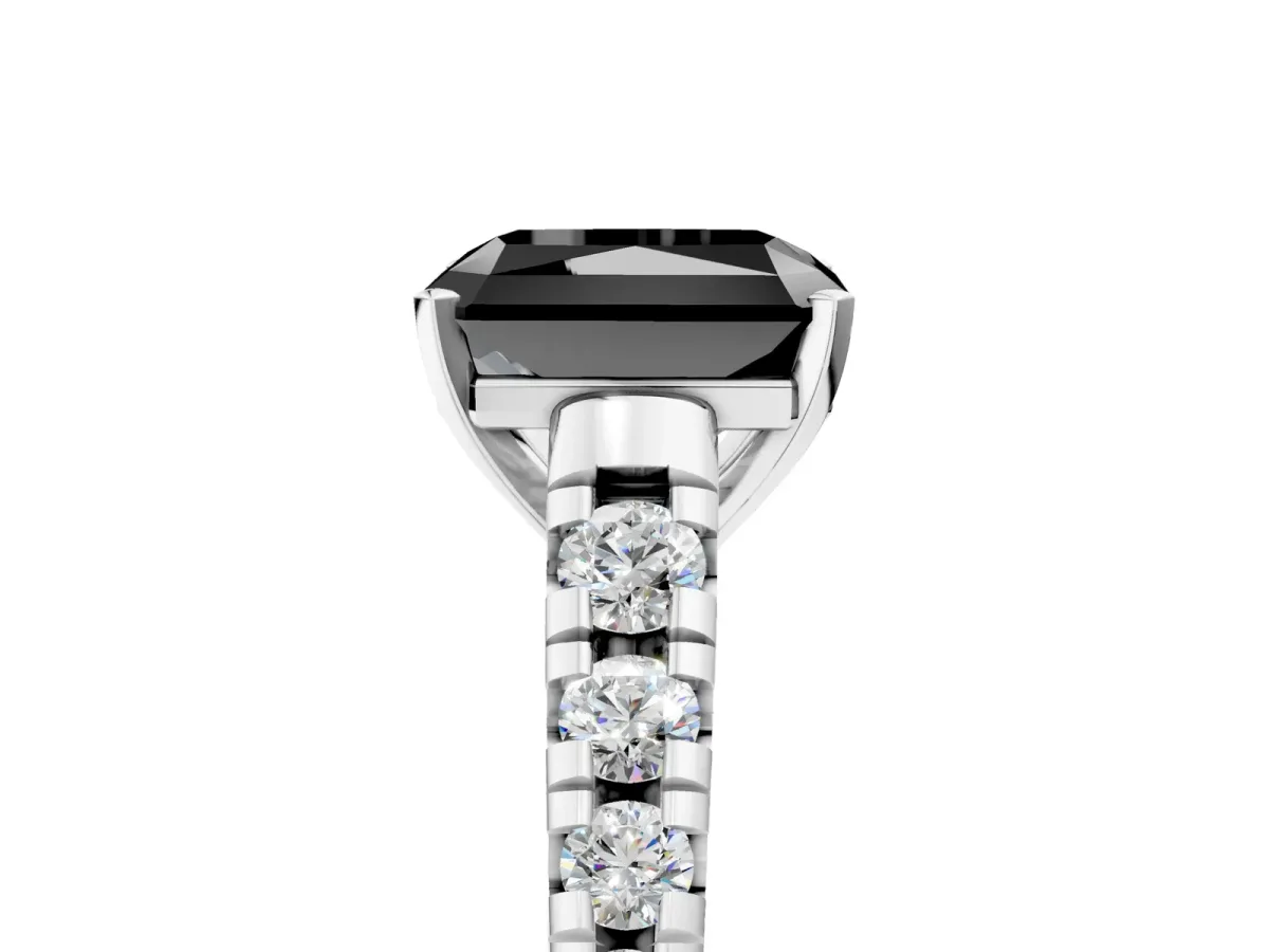 Fancy Black Radiant Cut Diamond Cathedral Solitaire Ring with Round Pavé Band Silver