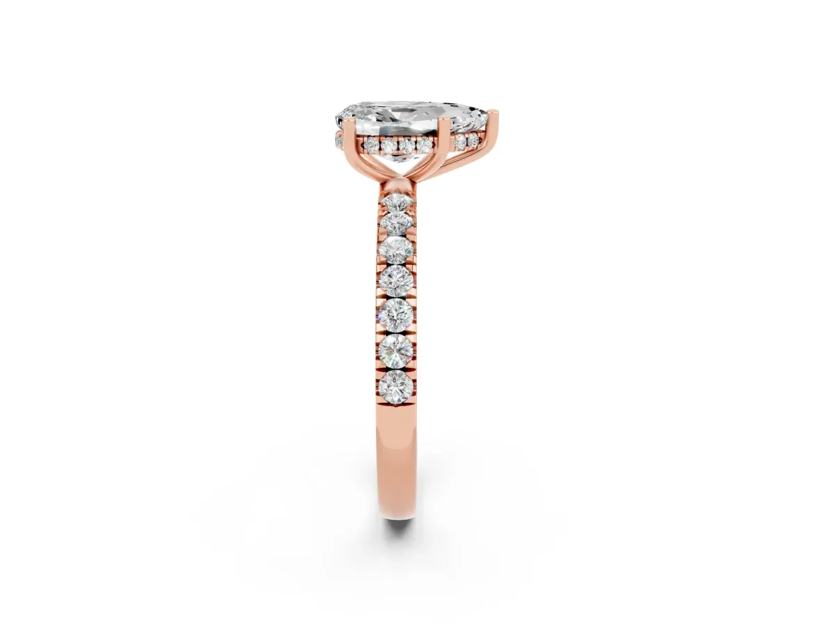 Pear Cut Moissanite Pave Band Solitaire Ring with Round and Prong Setting Rose gold