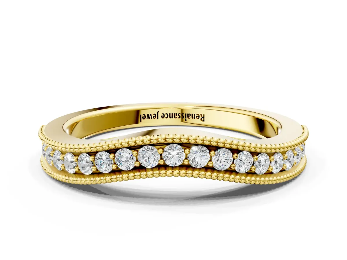 Pavé Round Diamond Contour Band with Milgrain Edge Yellow gold