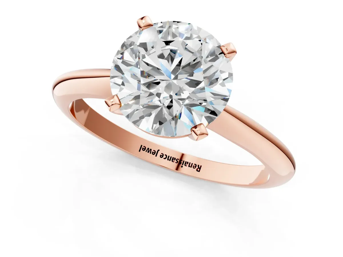 Round Cut Diamond Solitaire Engagement Ring with Classic Band and Four-Prong Setting Rose gold