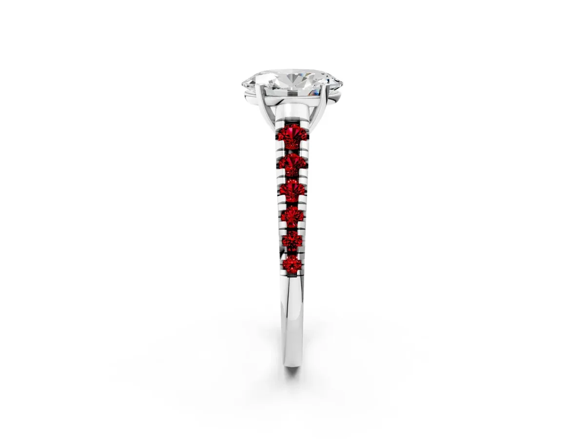 Oval Cut Diamond Cathedral Solitaire Ring with Round Ruby Pavé Band Platinum