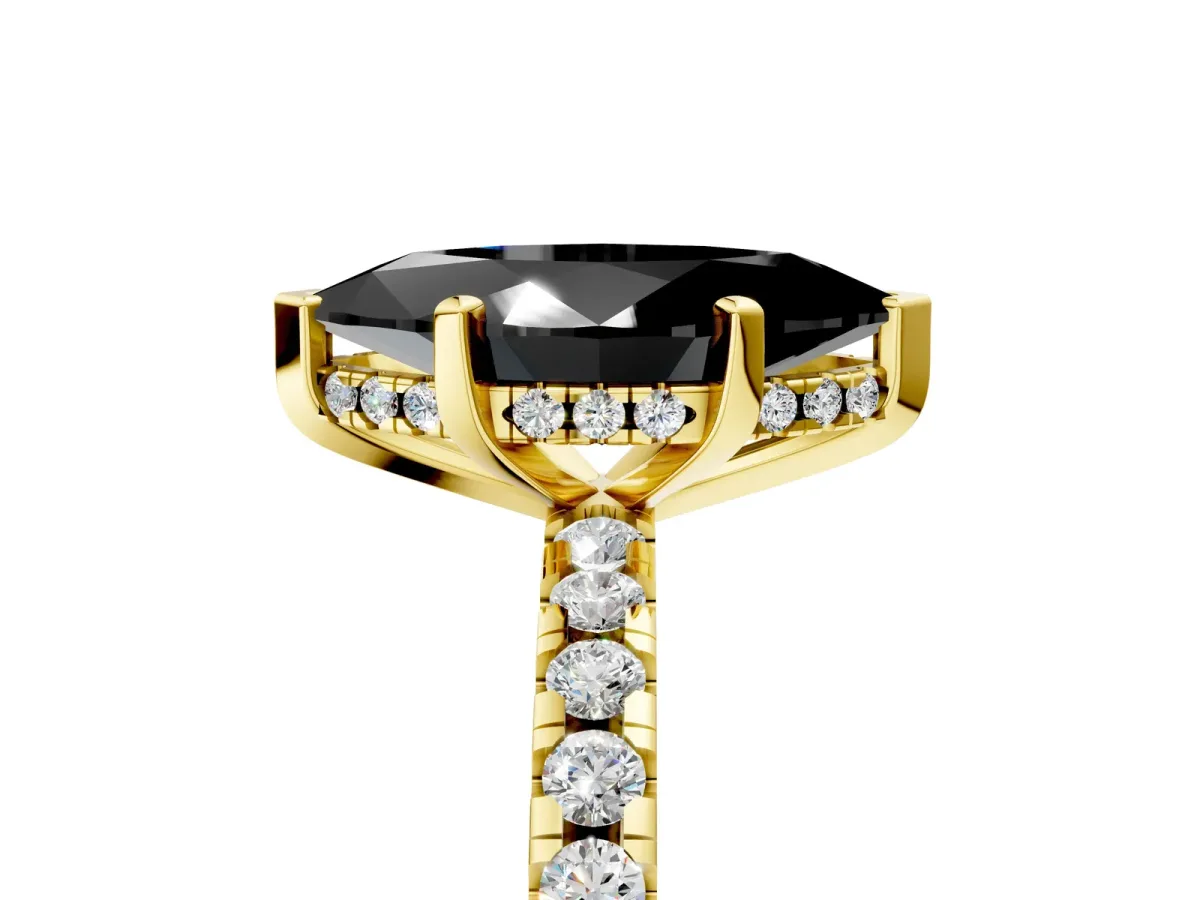 Fancy Black Marquise Cut Diamond Solitaire Ring with Round Pavé Band and Four-Prong Setting Yellow gold