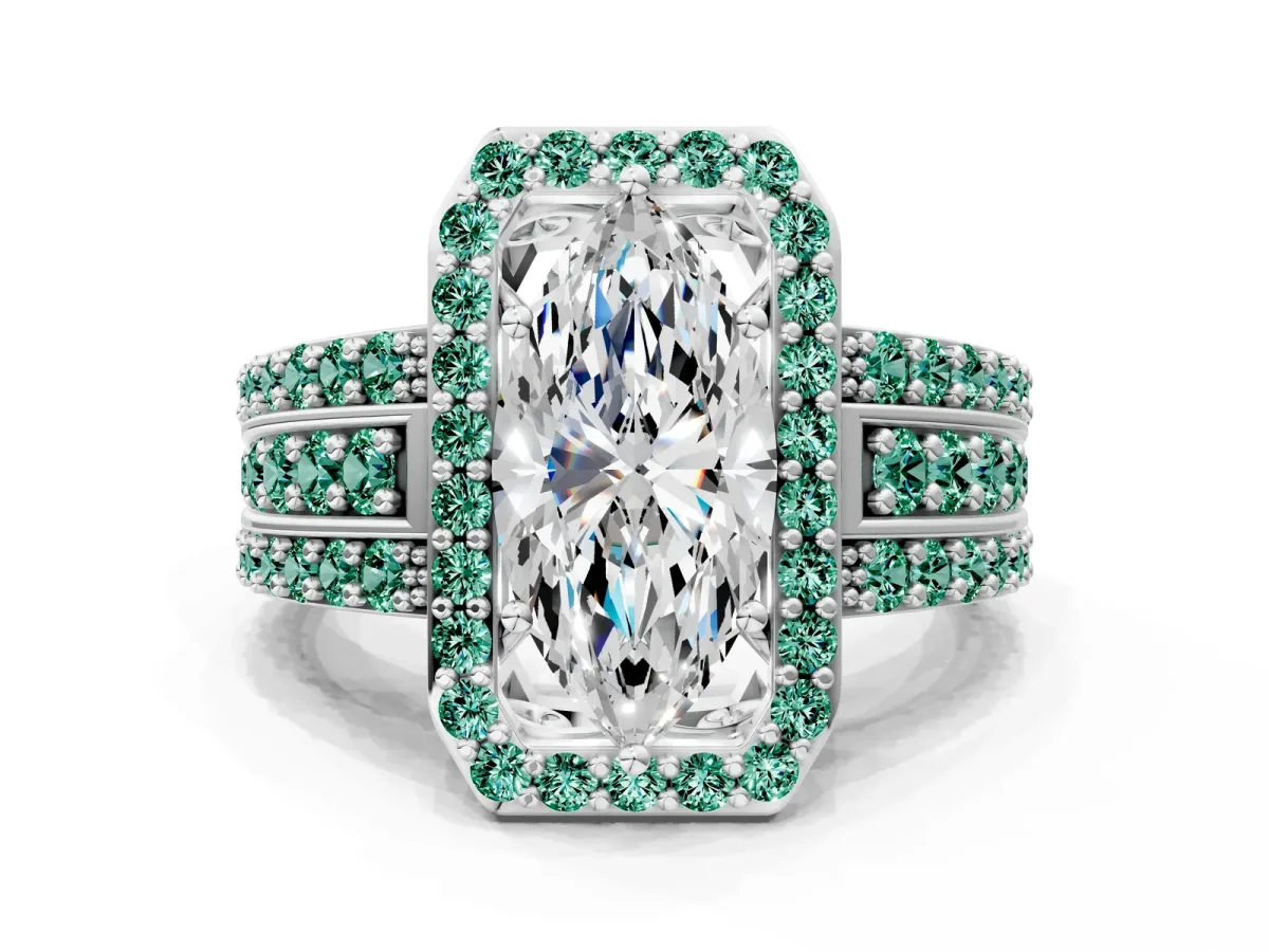 Marquise Cut Halo Diamond Ring with Round Green Sapphire Split Shank and Prong Setting Silver