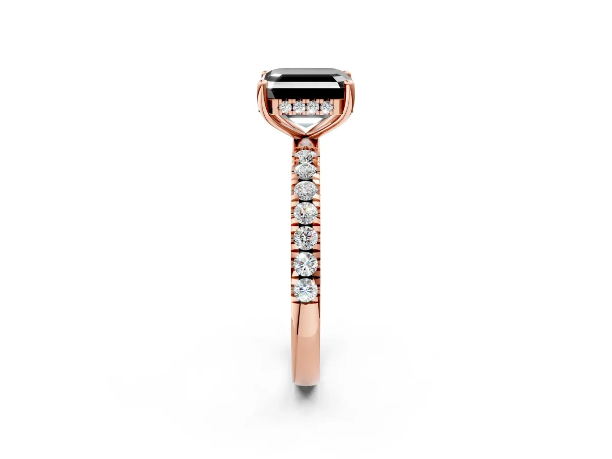 Fancy Black Asscher Cut Diamond Pave Band Solitaire Ring with Round and Prong Setting Rose gold