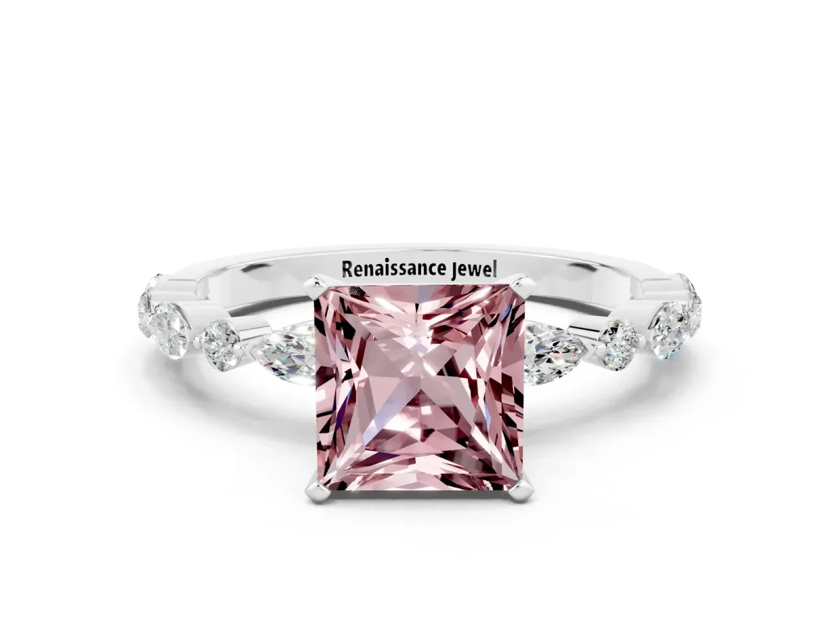 Princess Cut Morganite Ring with Marquise and Round Side Stones and Four-Prong Setting Silver