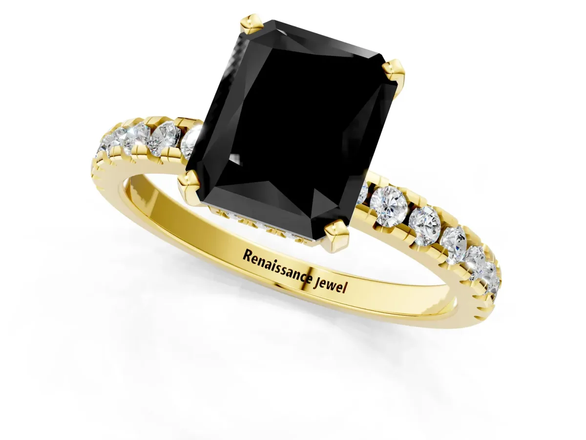 Fancy Black Radiant Cut Diamond Solitaire Ring with Round Pavé Band and Four-Prong Setting Yellow gold