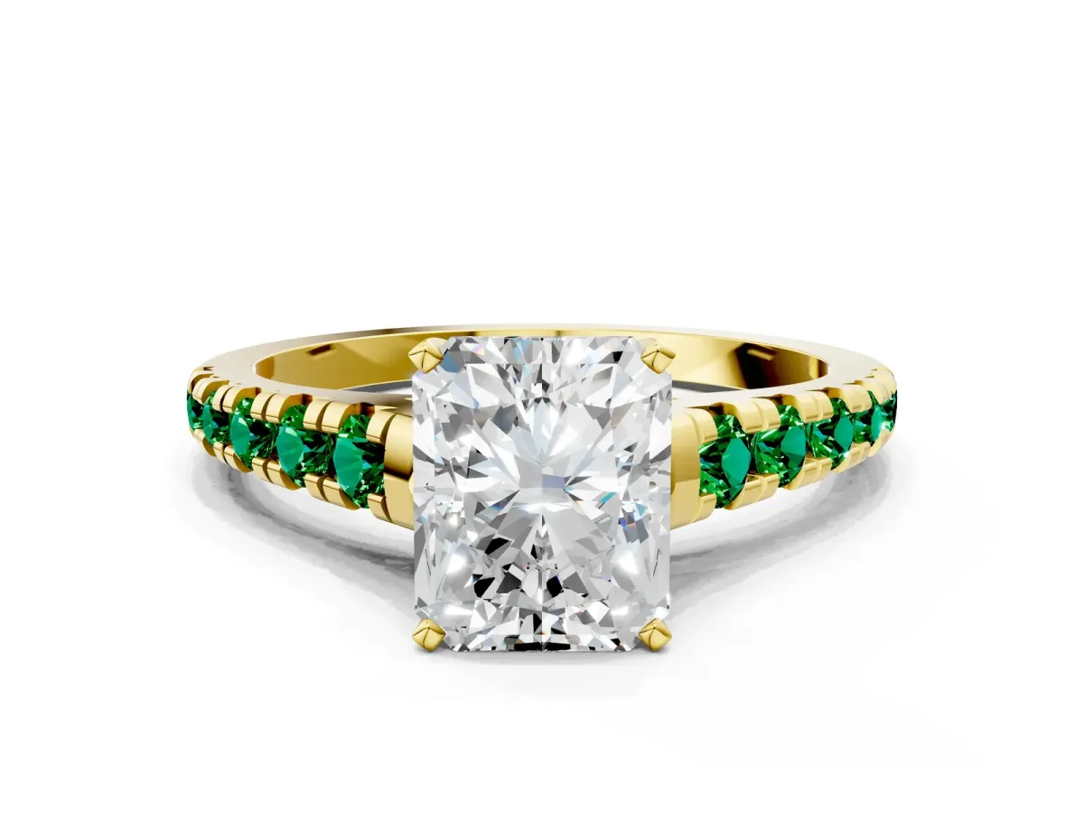 Radiant Cut Diamond Cathedral Solitaire Ring with Round Emerald Pavé Band Yellow gold