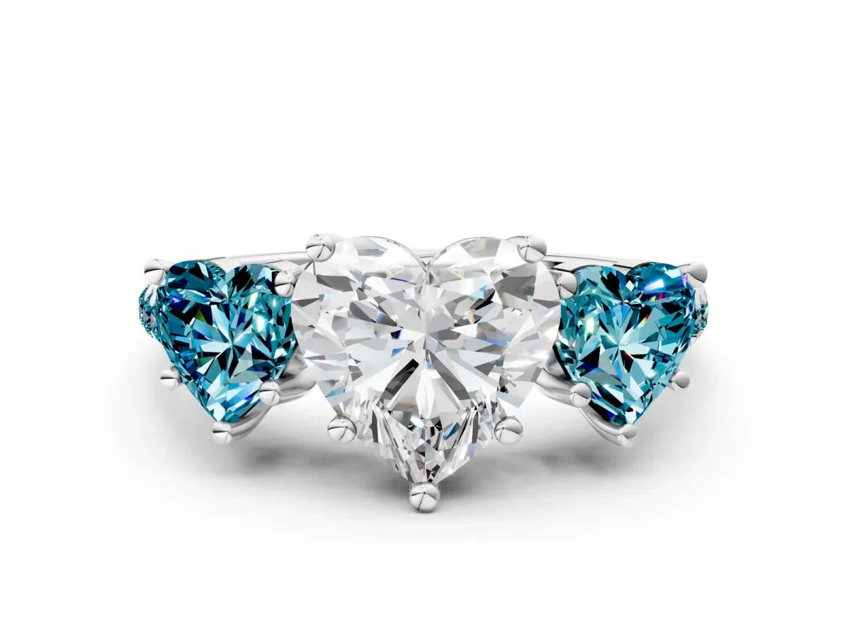 Three-Stone Heart Cut Diamond Ring with Round Blue Topaz Pavé Band and Prong Setting Silver