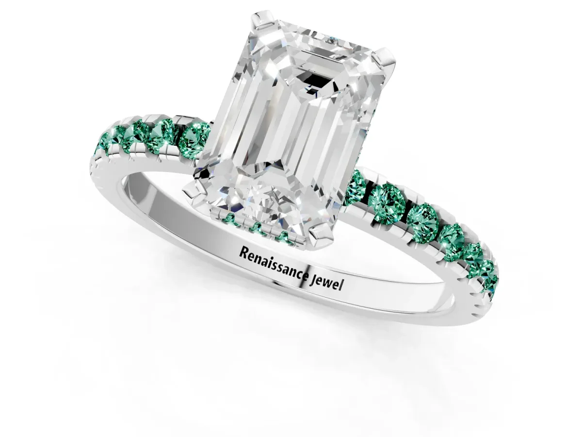 Emerald Cut Diamond Solitaire Ring with Round Green Sapphire Pavé Band and Four-Prong Setting Silver