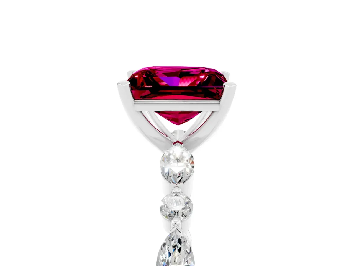 Princess Cut Garnet Ring with Marquise and Round Side Stones and Four-Prong Setting Silver