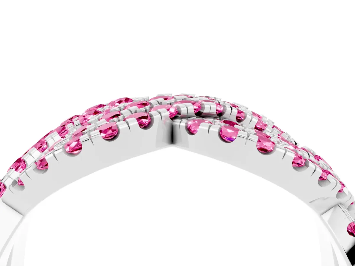 Pavé Round Pink Sapphire Infinity Twist Band with Shared Prong Setting White gold