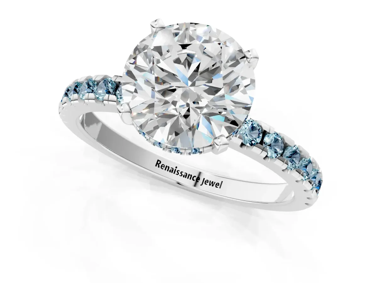Round Cut Diamond Solitaire Ring with Round Aquamarine Pavé Band and Four-Prong Setting Silver