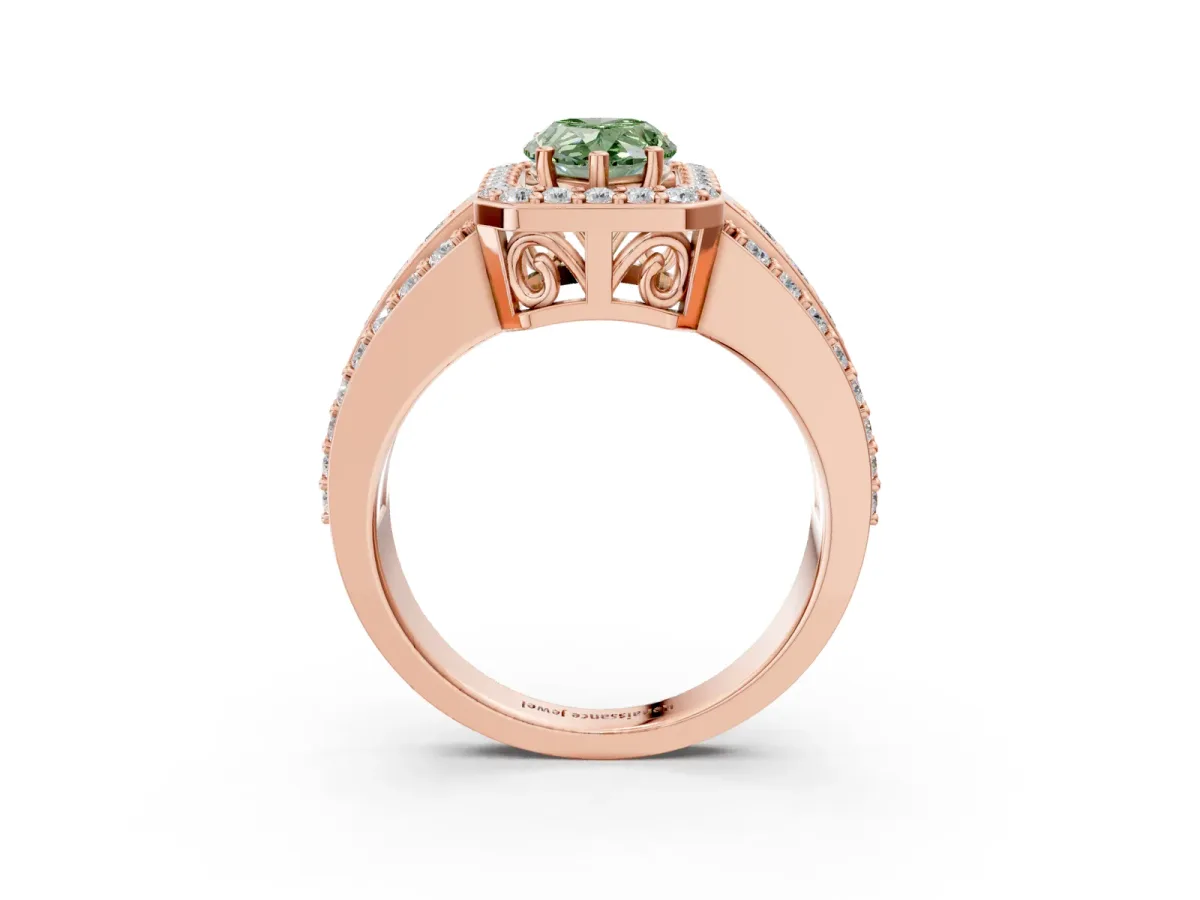 Fancy Green Pear Cut Halo Diamond Ring with Round Split Shank and Prong Setting Rose gold