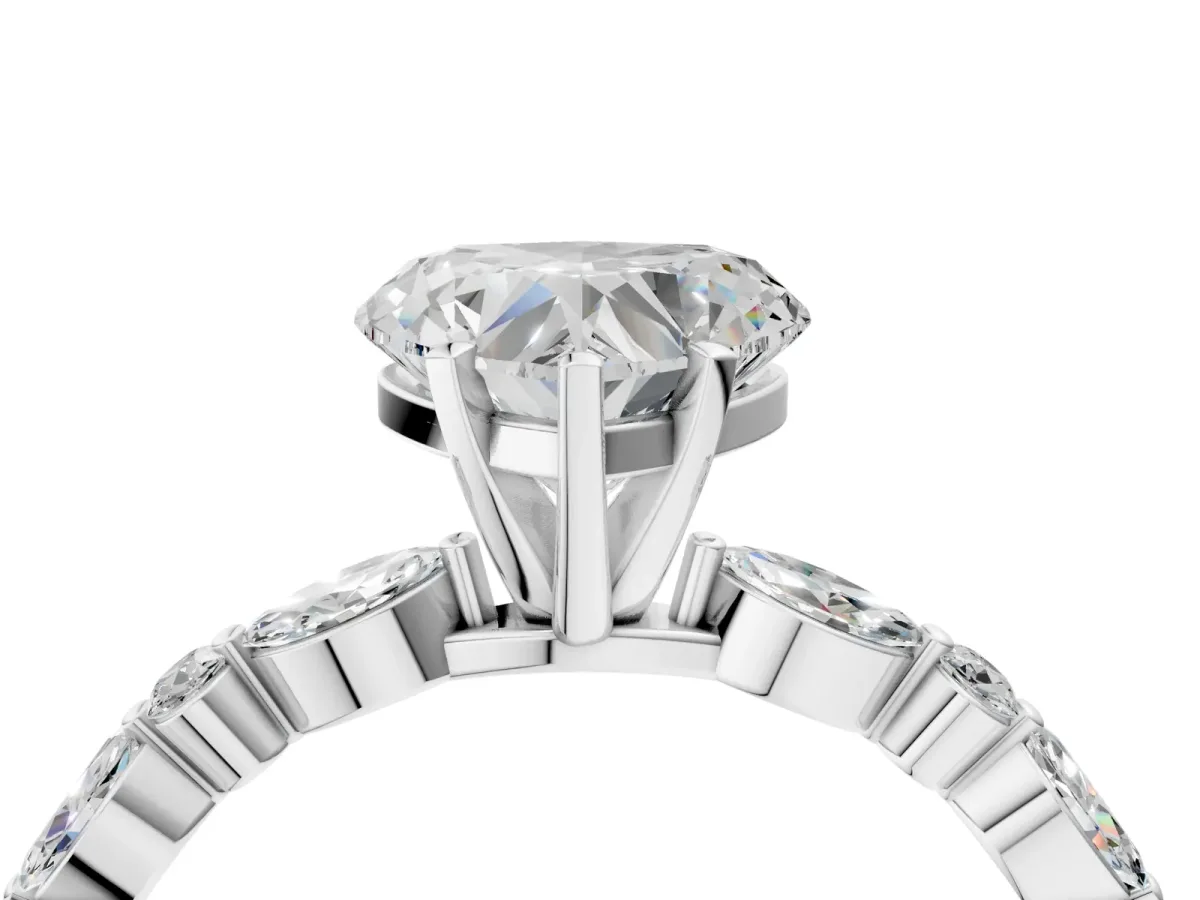 Heart Cut Diamond Ring with Marquise and Round Moissanite Side Stones and Four-Prong Setting Platinum