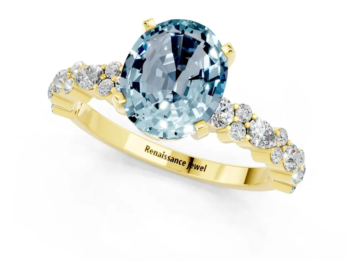 Oval Cut Aquamarine Side Stone Solitaire Ring with Round and Four-Prong Setting Yellow gold