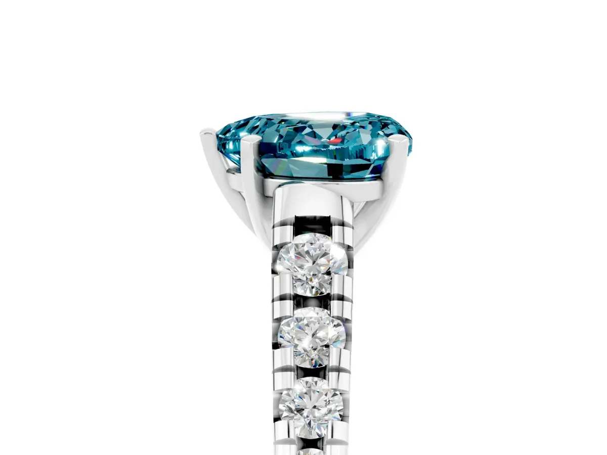 Heart Cut Blue Topaz Cathedral Solitaire Ring with Round Pavé Band Platinum