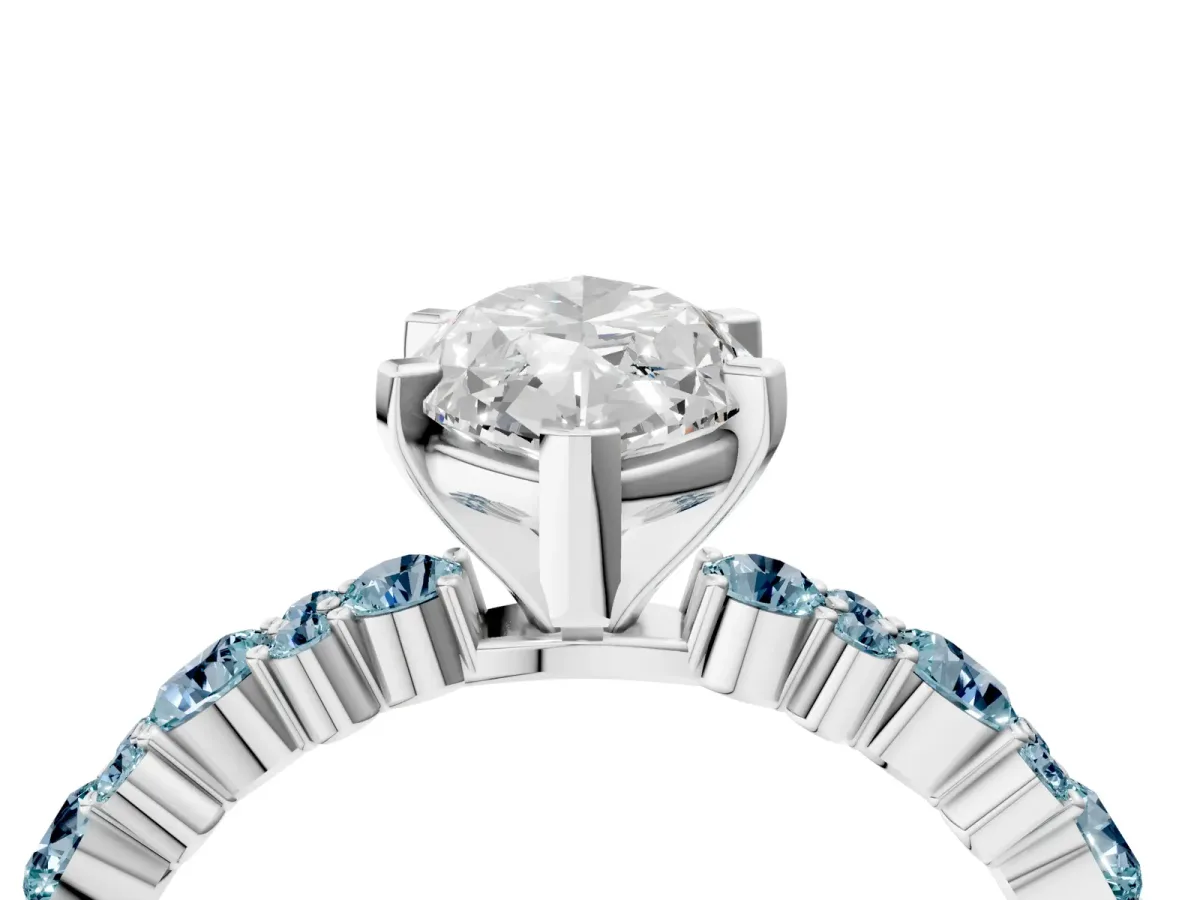 Marquise Cut Diamond Side Stone Solitaire Ring with Round Aquamarine and Four-Prong Setting Platinum