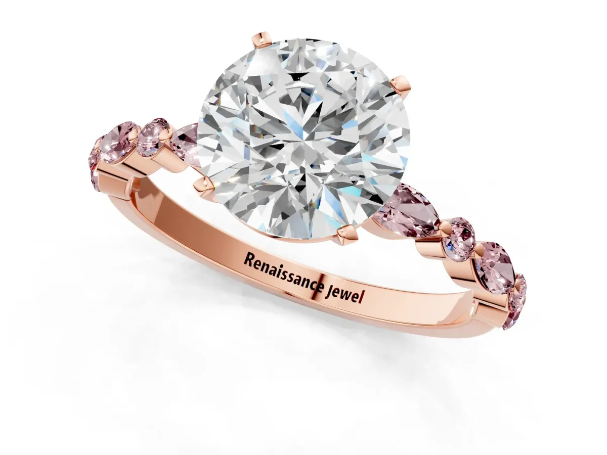 Round Cut Diamond Ring with Marquise and Round Morganite Side Stones and Four-Prong Setting Rose gold