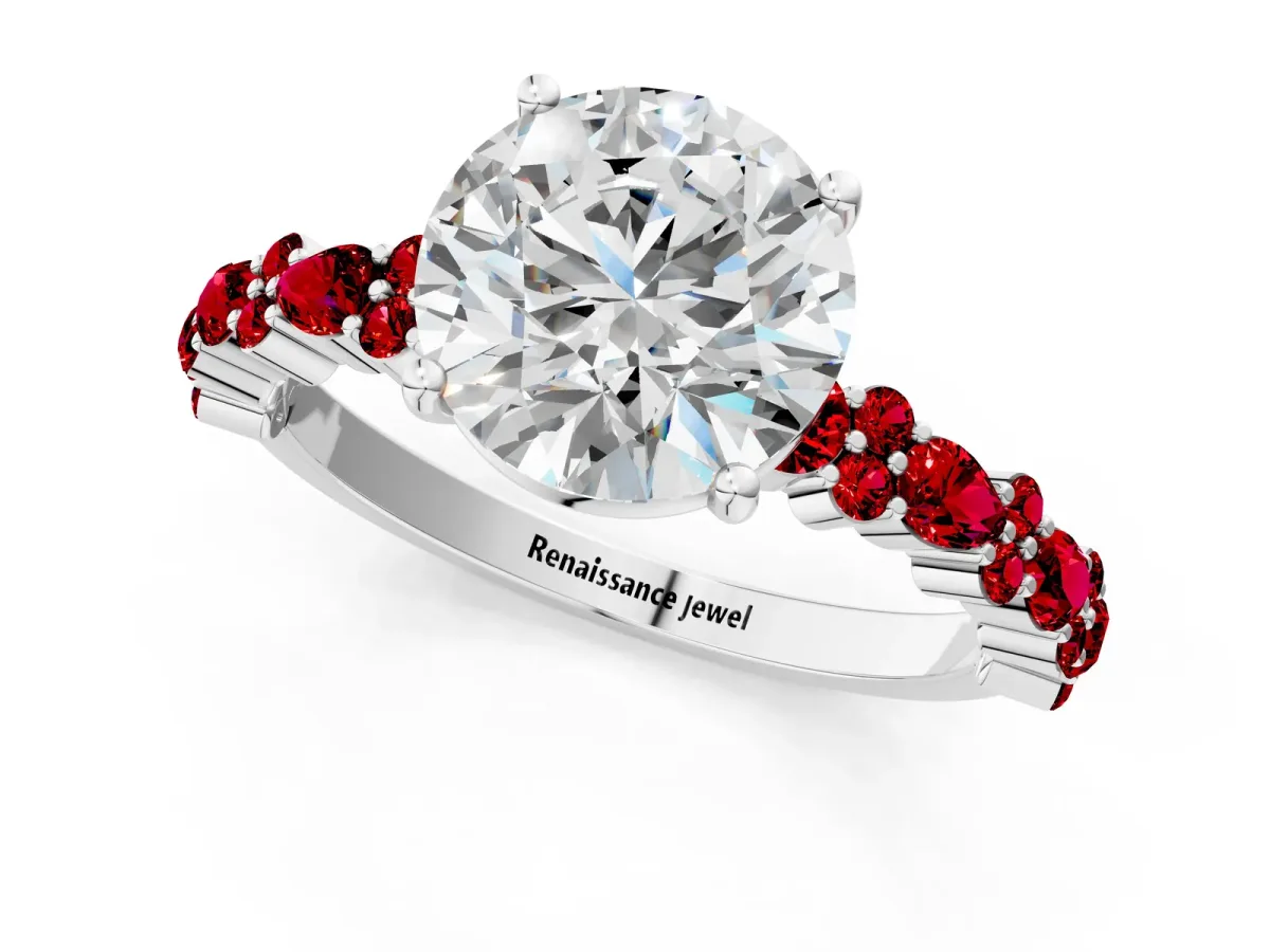 Round Cut Diamond Side Stone Solitaire Ring with Round Ruby and Four-Prong Setting Platinum
