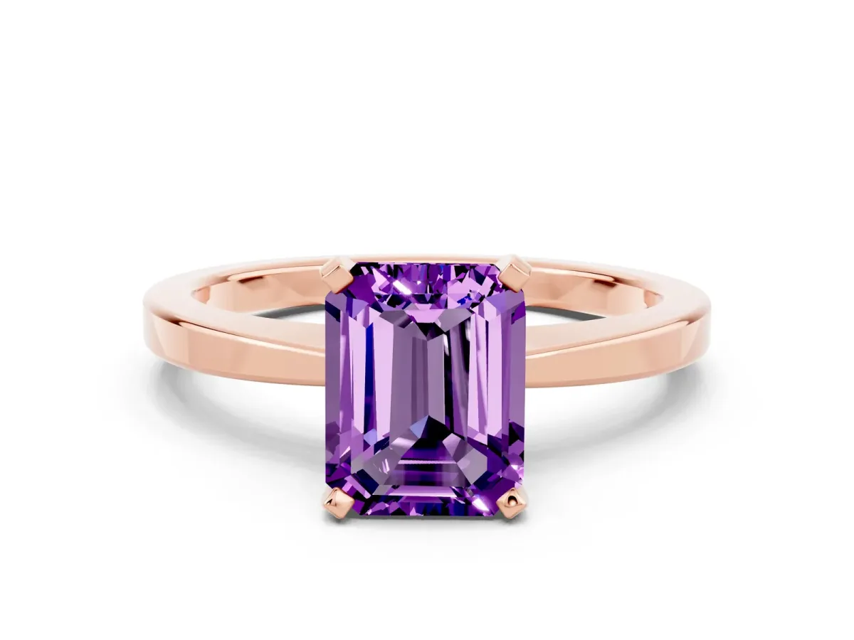 Emerald Cut Amethyst Solitaire Engagement Ring with Classic Band and Four-Prong Setting Rose gold