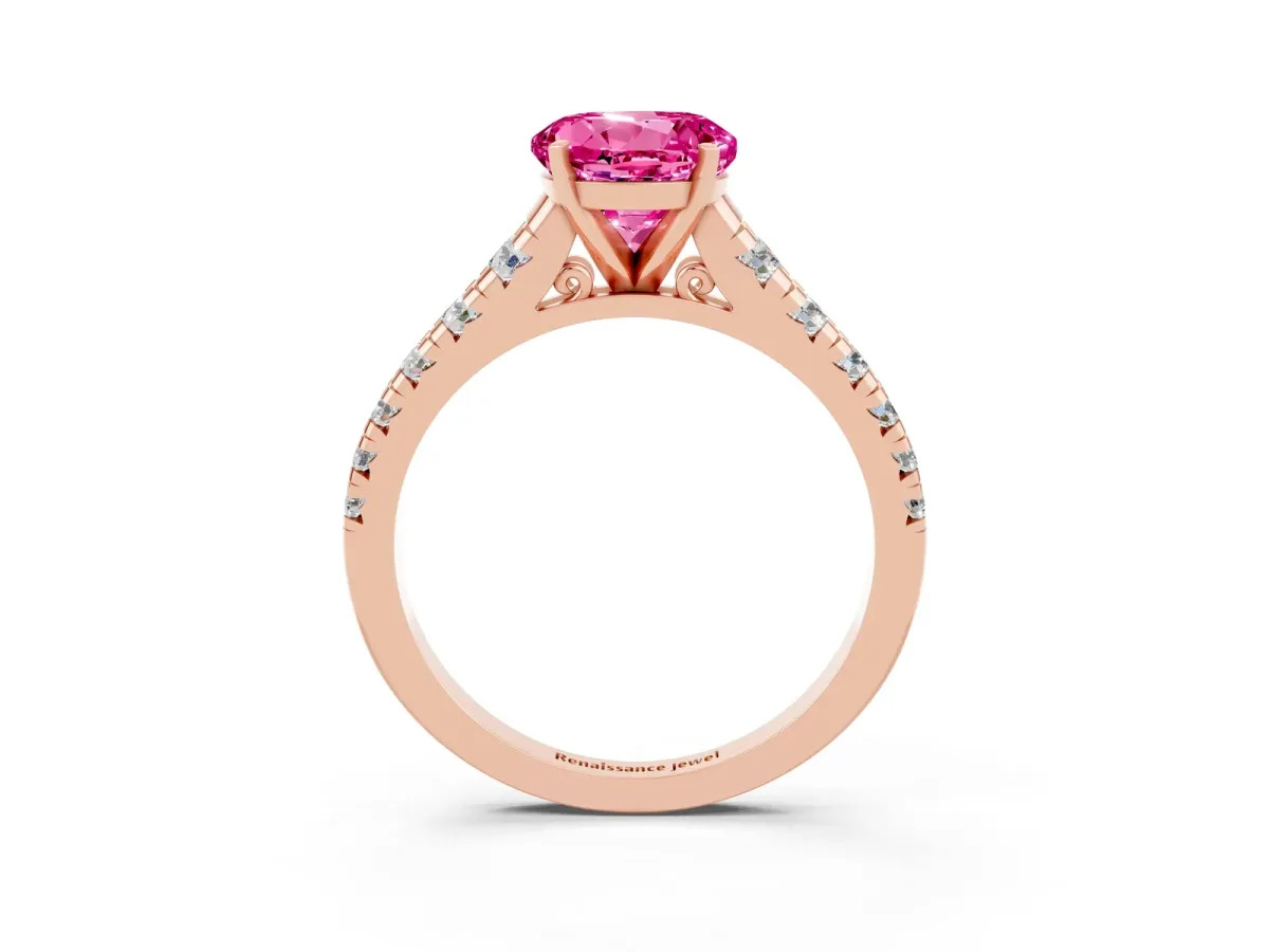 Round Cut Pink Sapphire Cathedral Solitaire Ring with Round Pavé Band Rose gold