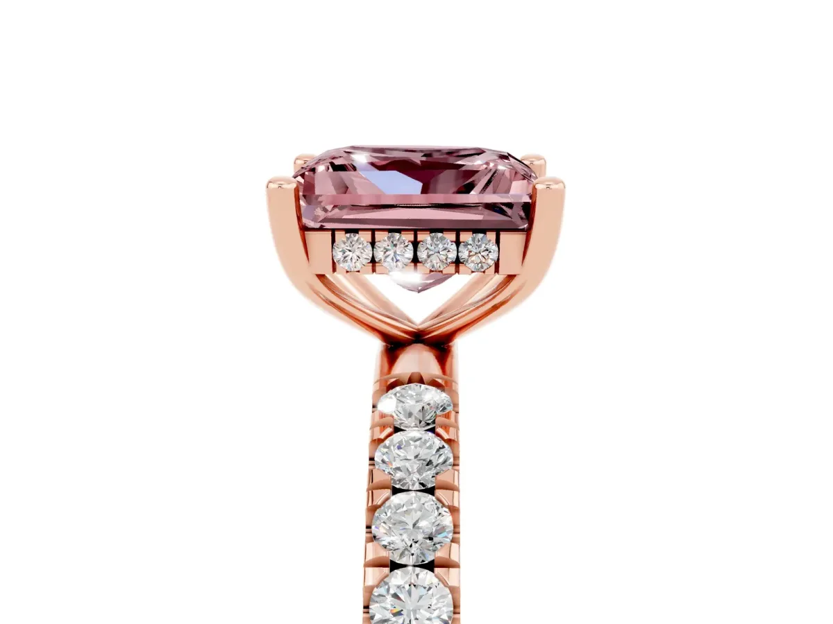 Princess Cut Morganite Pave Band Solitaire Ring with Round and Prong Setting Rose gold