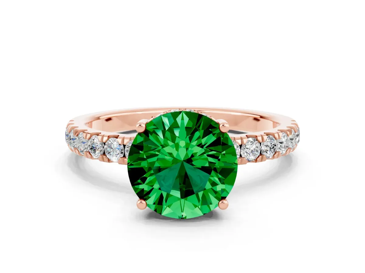 Round Cut Emerald Pave Band Solitaire Ring with Round and Prong Setting Rose gold