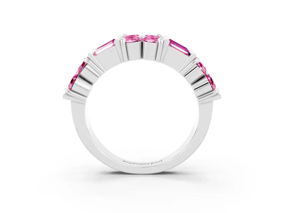 Channel Set Round and Baguette Pink Sapphire Anniversary Band with Prong Setting Silver