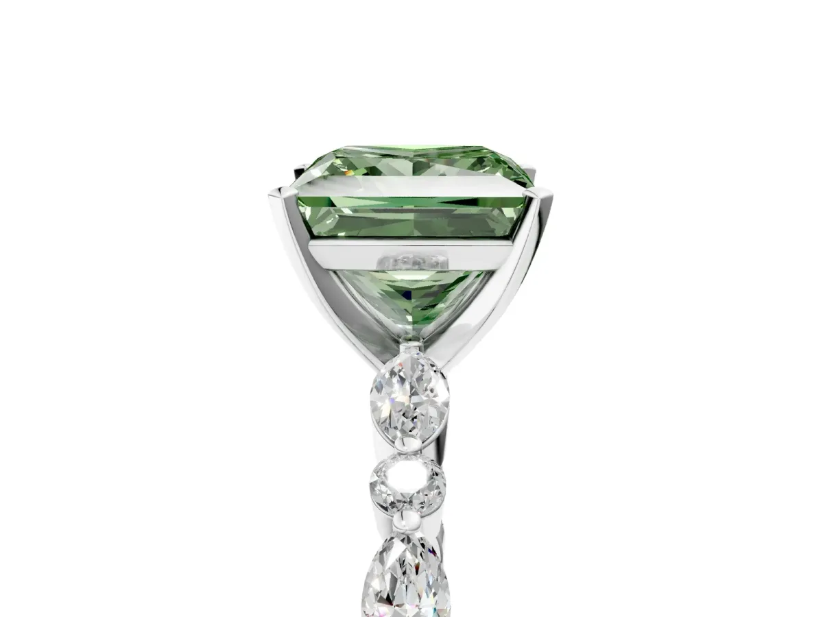 Fancy Green Princess Cut Diamond Ring with Marquise and Round Side Stones and Four-Prong Setting Silver