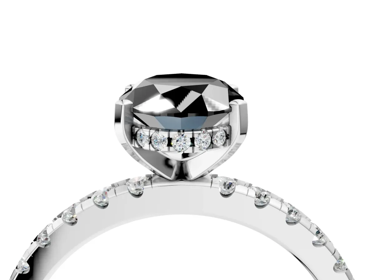 Fancy Black Oval Cut Diamond Solitaire Ring with Round Pavé Band and Four-Prong Setting Silver