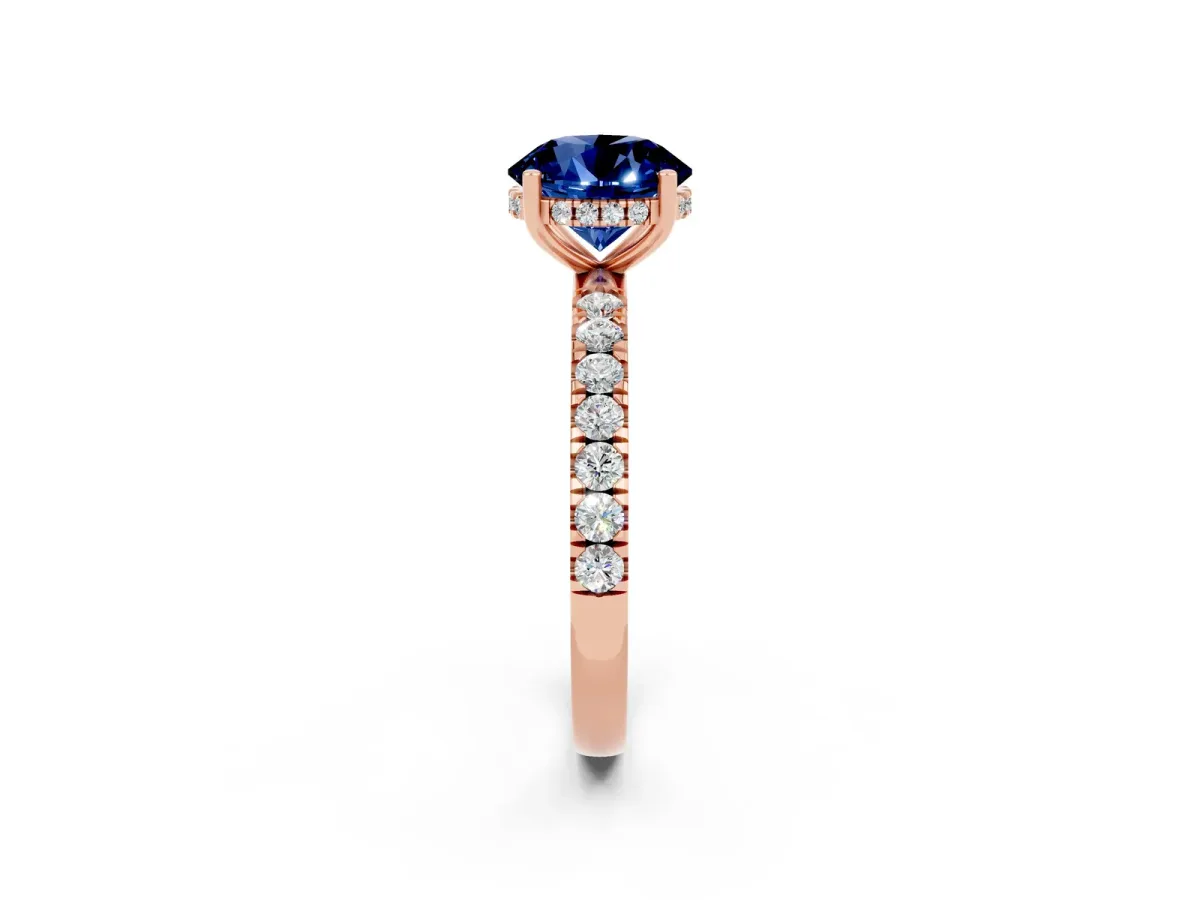 Round Cut Blue Sapphire Pave Band Solitaire Ring with Round and Prong Setting Rose gold