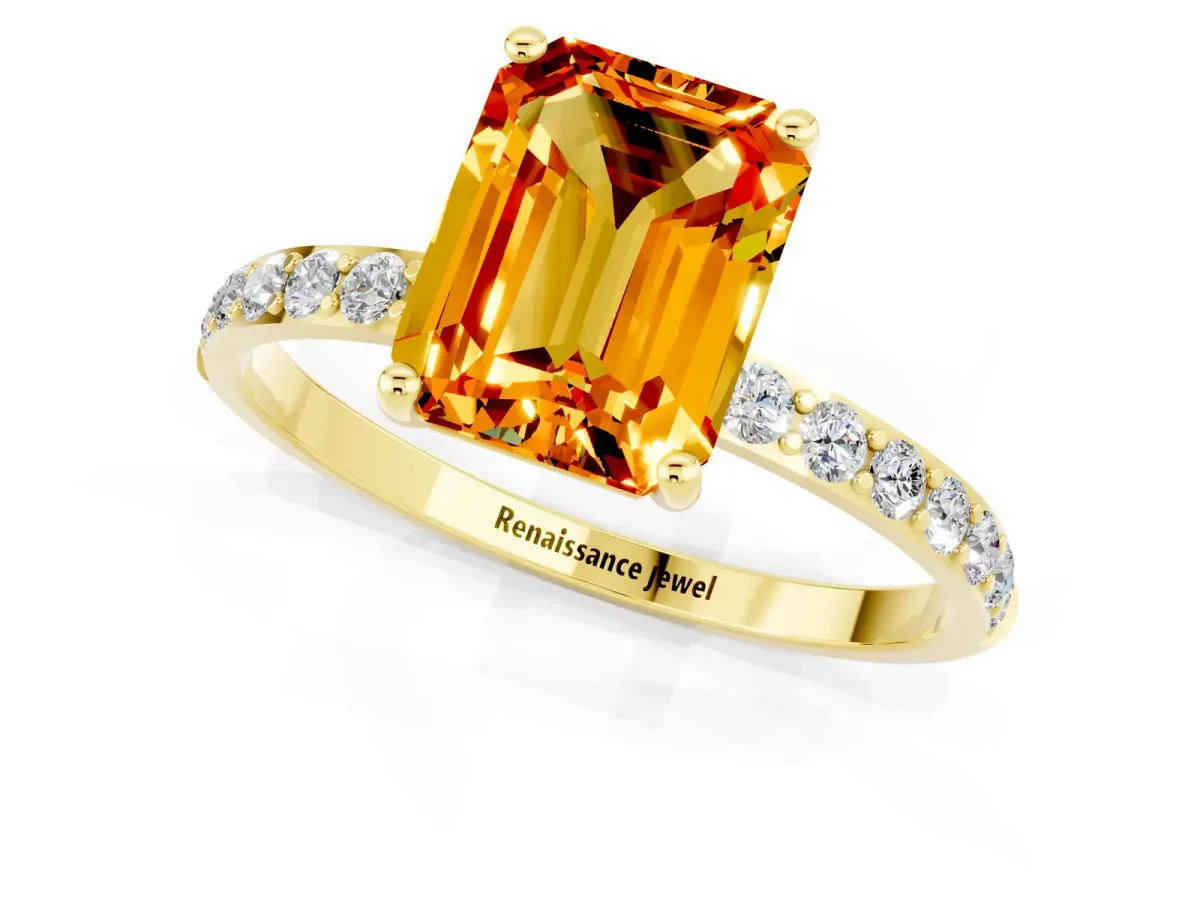 Emerald Cut Citrine Solitaire Ring with Round Pavé Band and Prong Setting Yellow gold