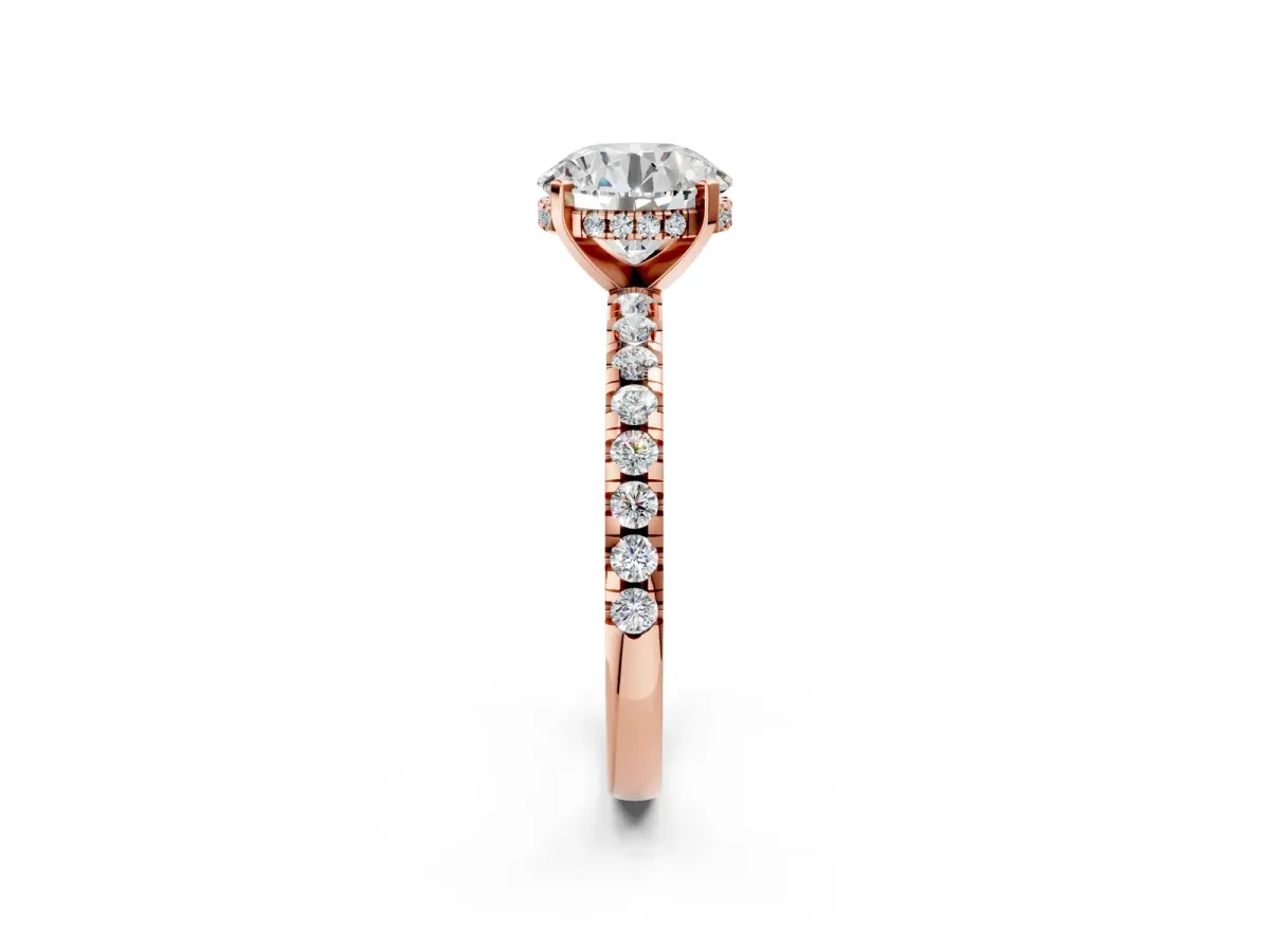 Round Cut Diamond Solitaire Ring with Round Pavé Band and Four-Prong Setting Rose gold
