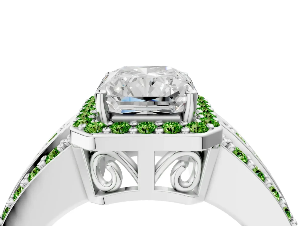 Radiant Cut Halo Diamond Ring with Round Peridot Split Shank and Prong Setting Silver