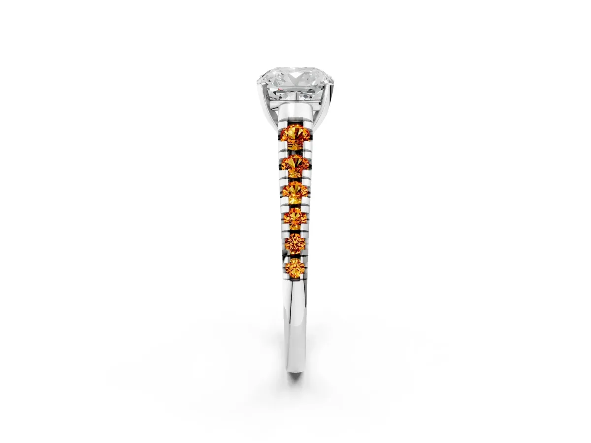 Cushion Cut Diamond Cathedral Solitaire Ring with Round Citrine Pavé Band White gold