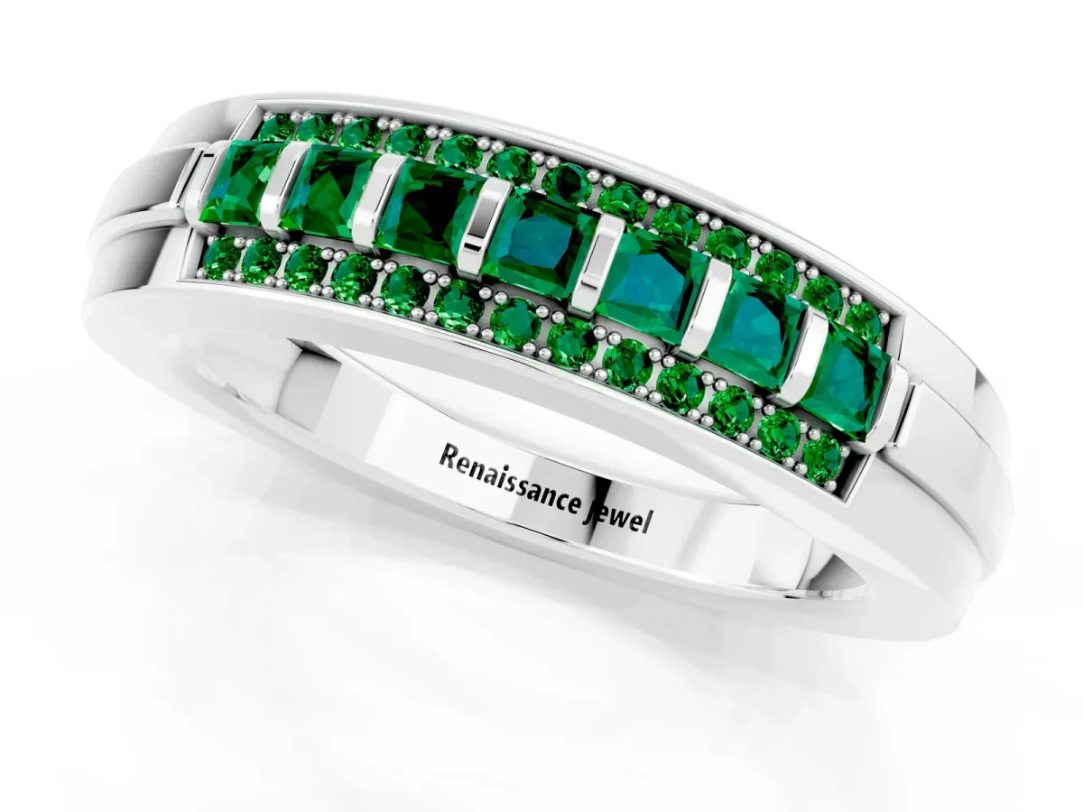 Bar-Set Princess Cut Emerald Pavé Band White gold