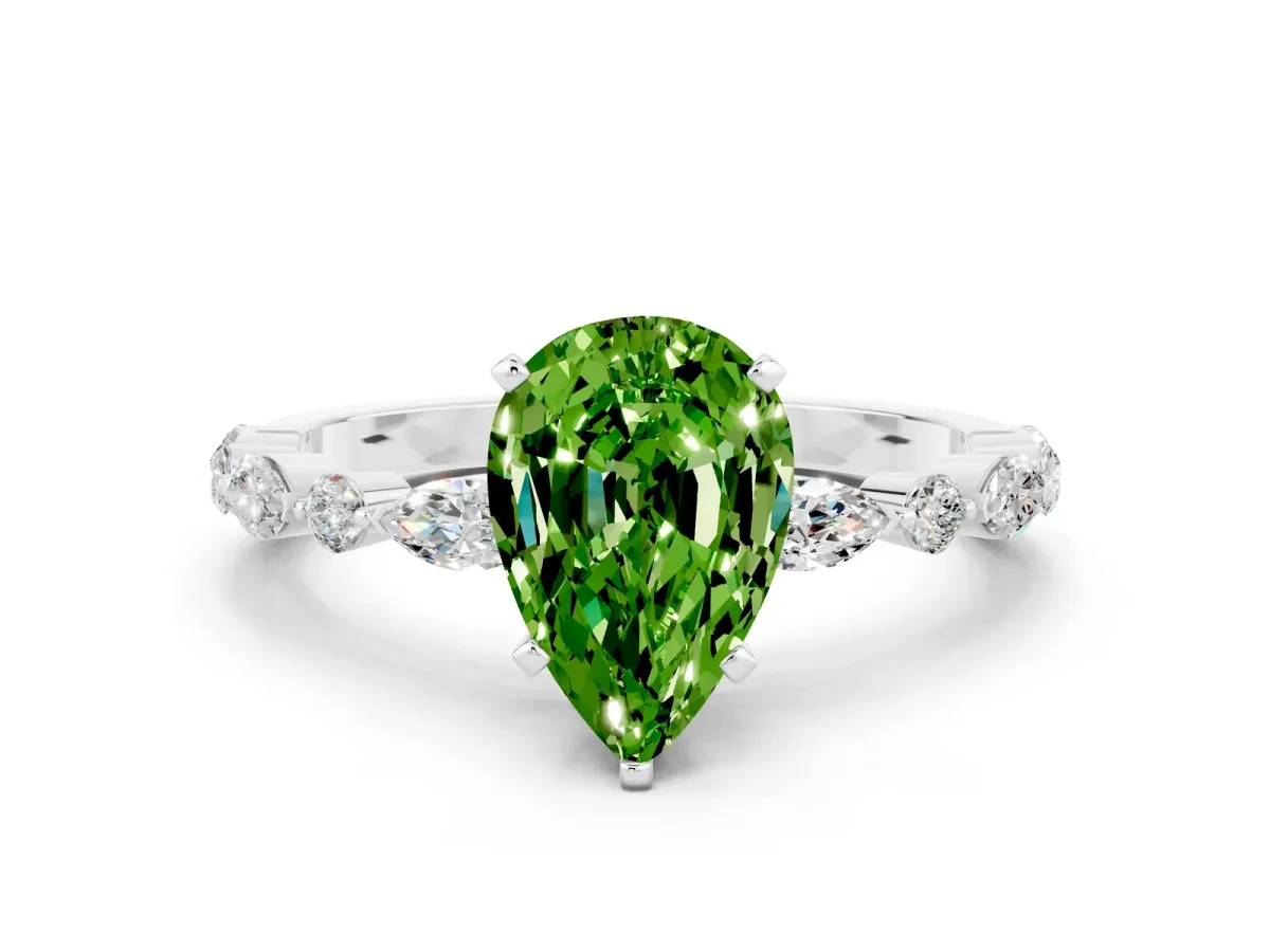 Pear Cut Peridot Ring with Marquise and Round Side Stones and Four-Prong Setting Silver