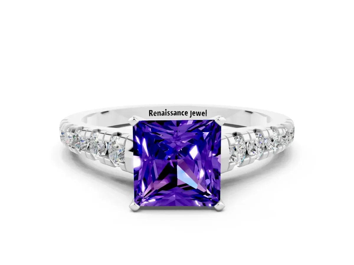 Princess Cut Tanzanite Cathedral Solitaire Ring with Round Pavé Band Silver