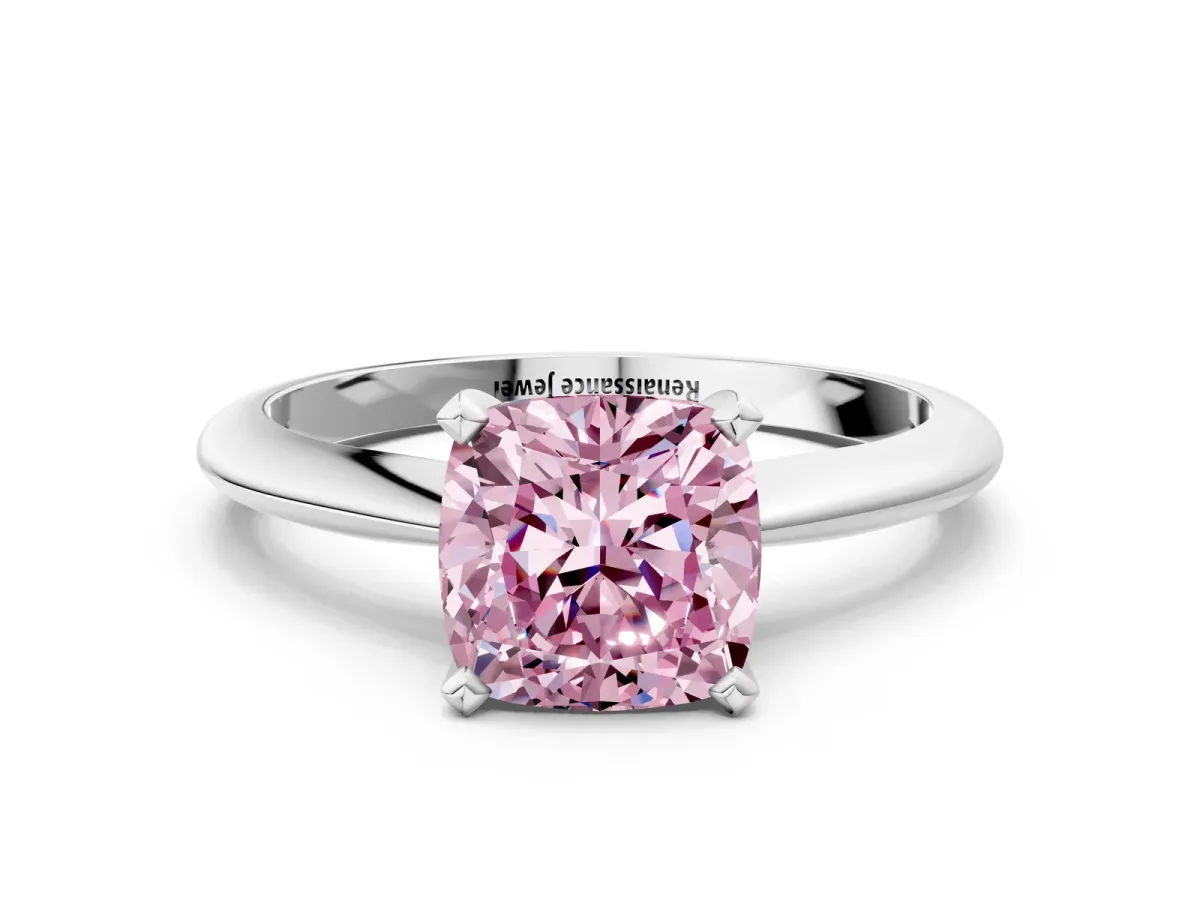 Fancy Pink Cushion Cut Diamond Solitaire Engagement Ring with Classic Band and Four-Prong Setting Silver