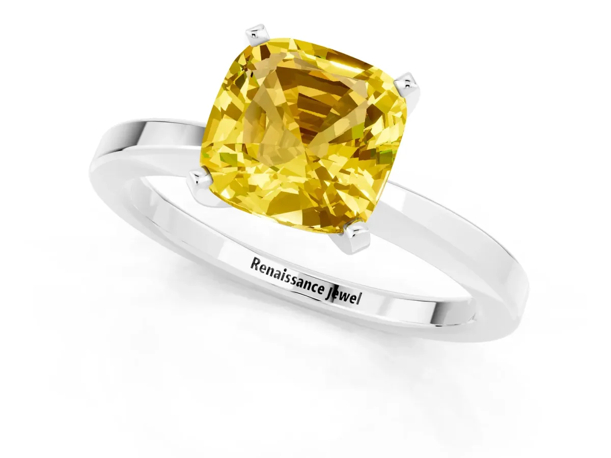 Cushion Cut Yellow Sapphire Solitaire Engagement Ring with Classic Band and Four-Prong Setting Silver