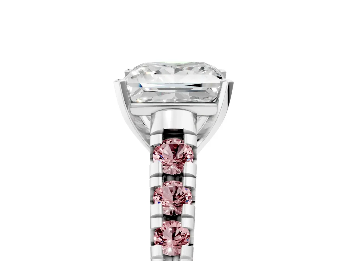 Princess Cut Diamond Cathedral Solitaire Ring with Round Morganite Pavé Band Platinum