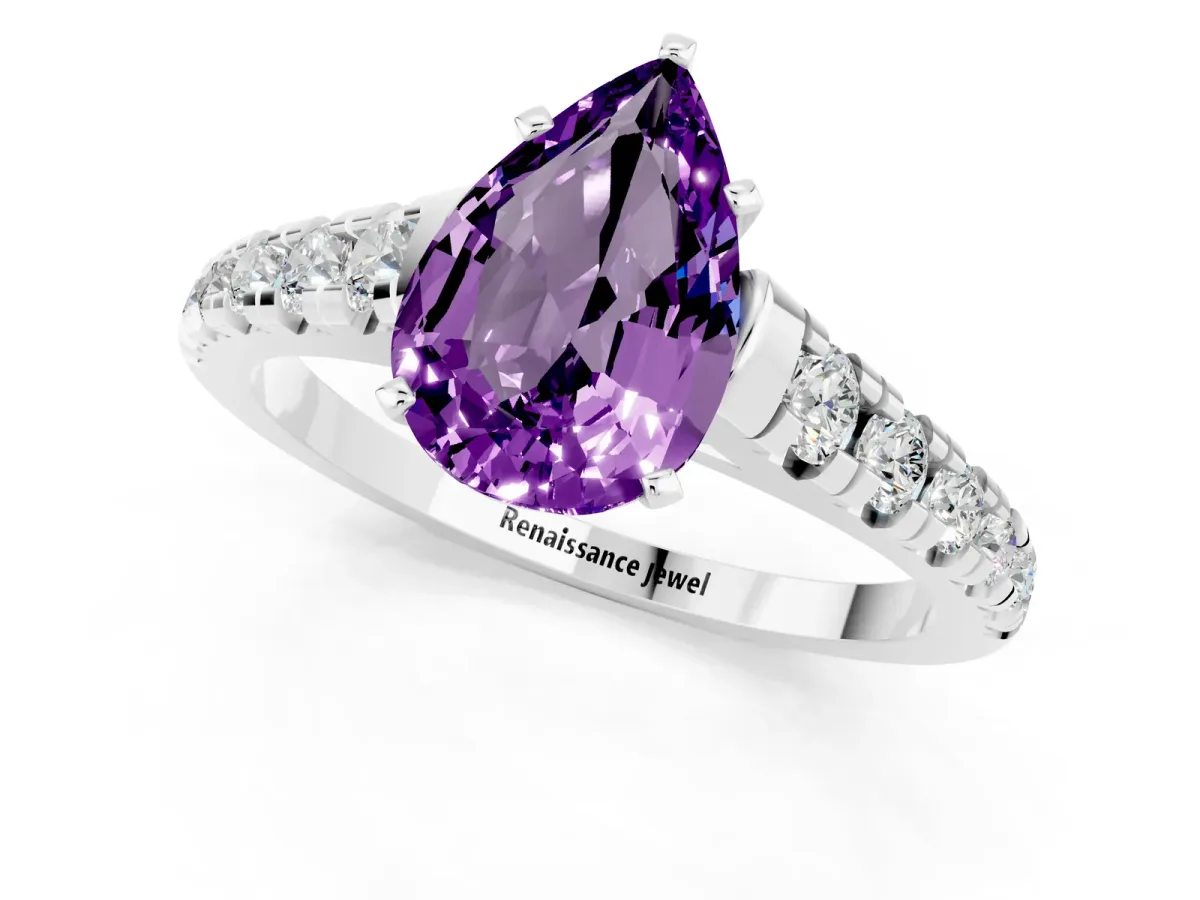 Pear Cut Amethyst Cathedral Solitaire Ring with Round Pavé Band White gold