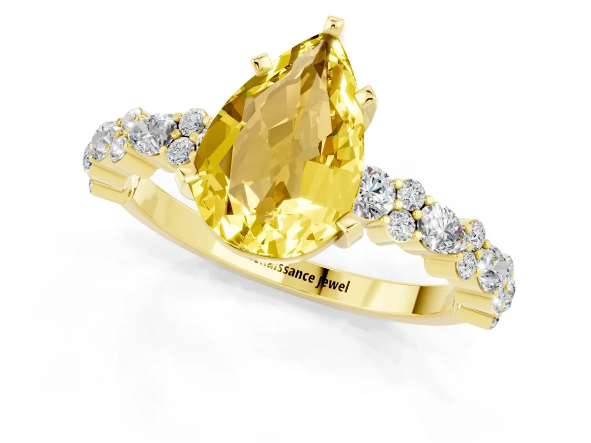 Pear Cut Yellow Sapphire Side Stone Solitaire Ring with Round and Four-Prong Setting Yellow gold