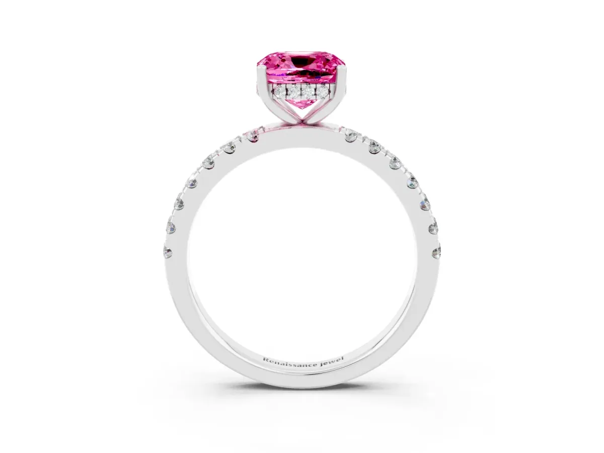 Cushion Cut Pink Sapphire Pave Band Solitaire Ring with Round and Prong Setting Silver