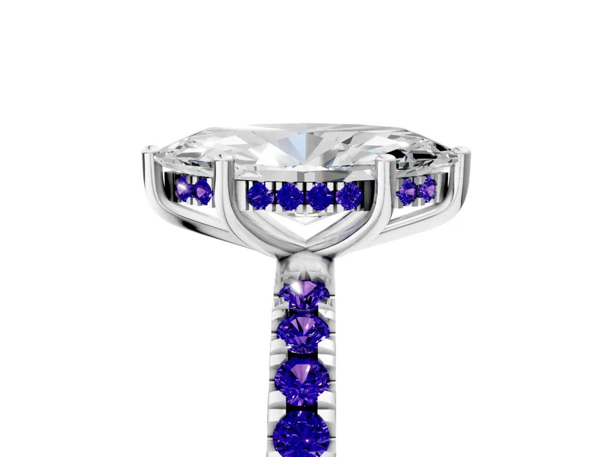 Marquise Cut Diamond Pave Band Solitaire Ring with Round Tanzanite and Prong Setting White gold