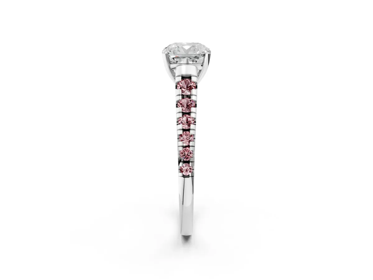 Cushion Cut Diamond Cathedral Solitaire Ring with Round Morganite Pavé Band Platinum