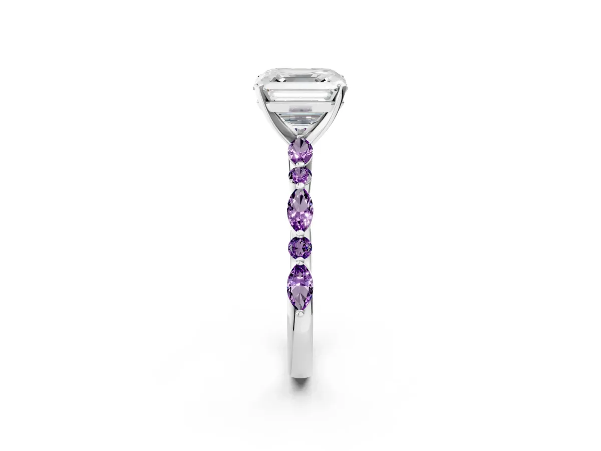 Asscher Cut Diamond Ring with Marquise and Round Amethyst Side Stones and Four-Prong Setting Platinum