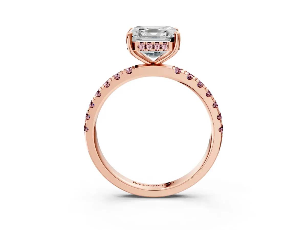 Asscher Cut Diamond Pave Band Solitaire Ring with Round Morganite and Prong Setting Rose gold