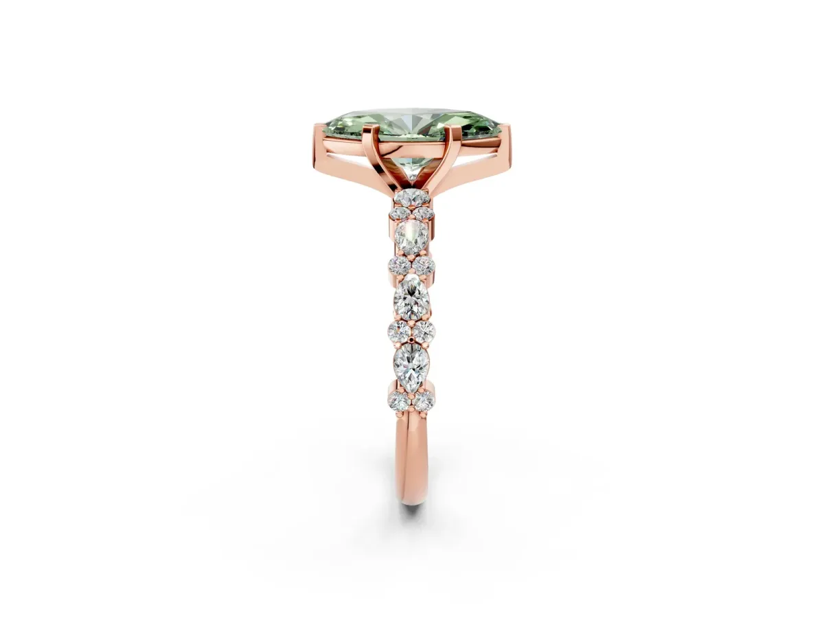 Fancy Green Marquise Cut Diamond Side Stone Solitaire Ring with Round and Four-Prong Setting Rose gold