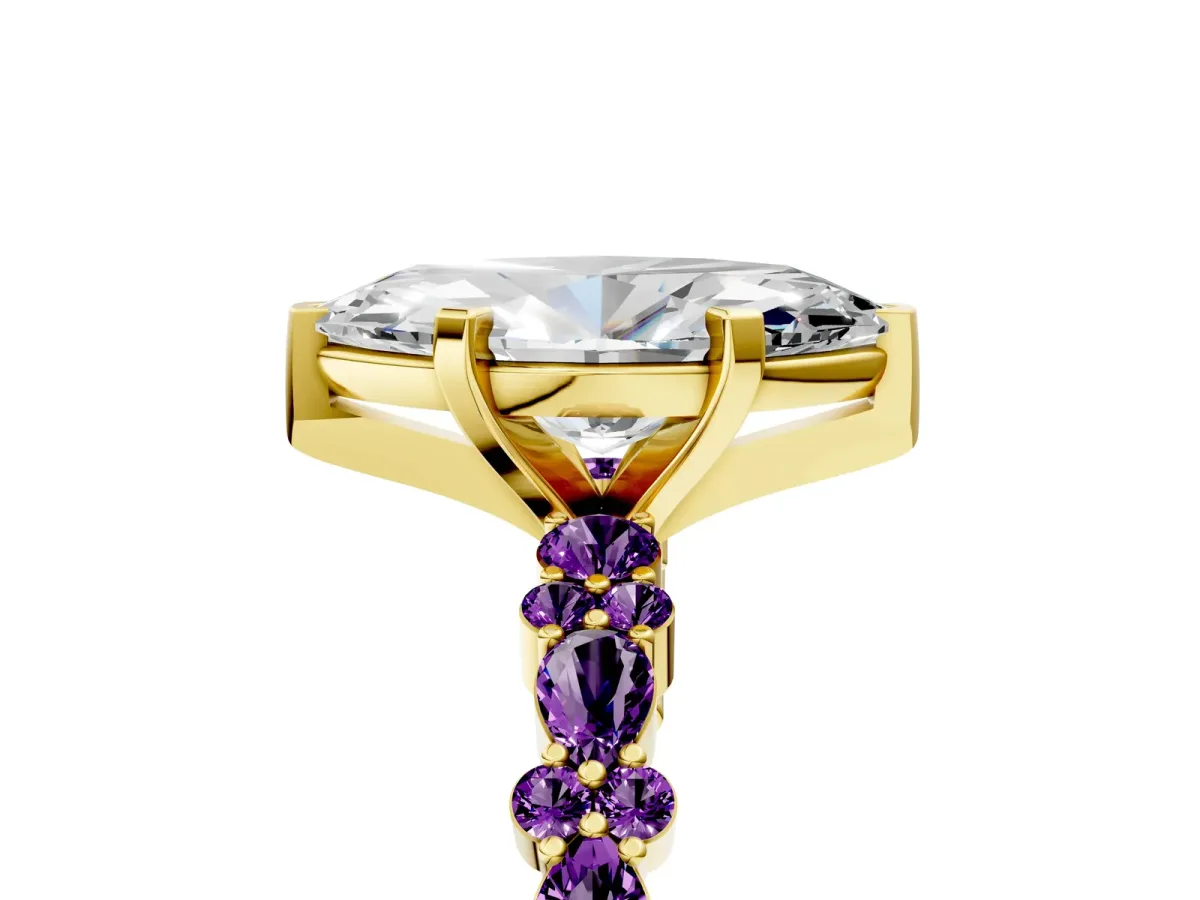 Marquise Cut Diamond Side Stone Solitaire Ring with Round Amethyst and Four-Prong Setting Yellow gold
